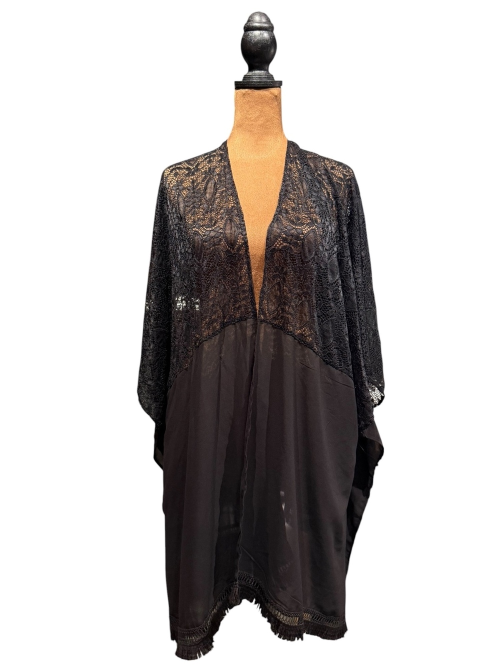 Elegant Black Lace and Sheer Kimono with Fringe Hem